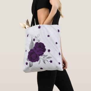 Bolsa Tote flores roxas folhas de prata de mármore