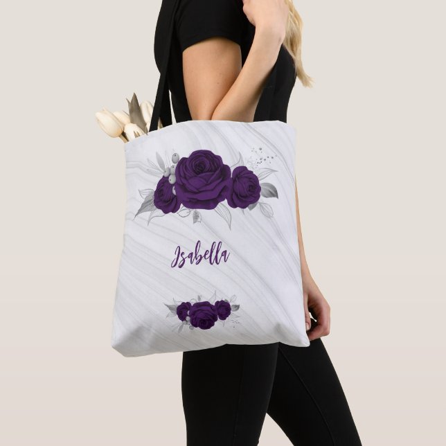 Bolsa Tote flores roxas folhas de prata de mármore (Close Up)