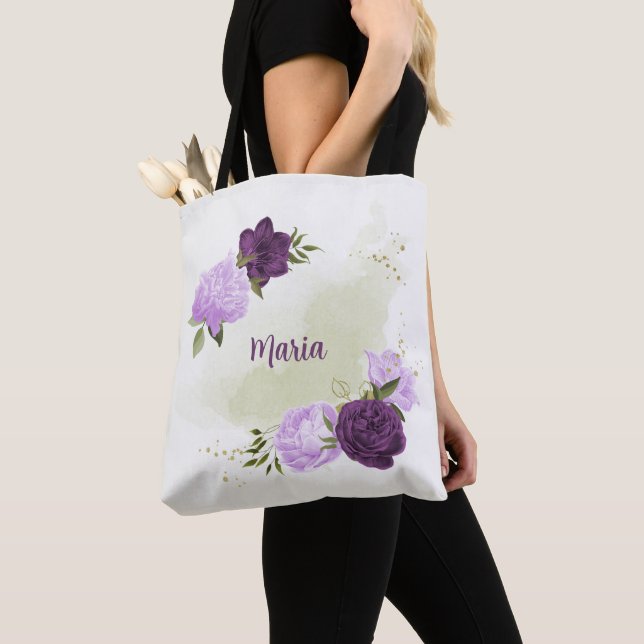 Bolsa Tote flores roxas folhas verdes (Close Up)