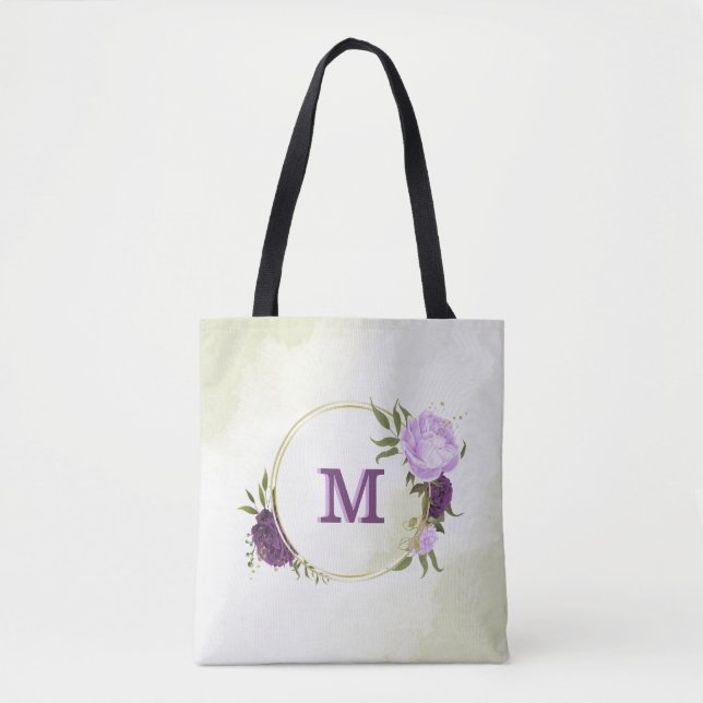 Bolsa Tote flores roxas folhas verdes (Frente)