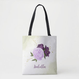 Bolsa Tote flores roxas folhas verdes