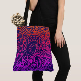 Bolsa Tote Flores Roxas Laranja e Fundo Azul Marinho