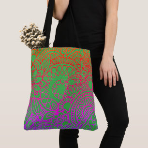 Bolsa Tote Flores Roxas Laranja e Fundo Verde Claro