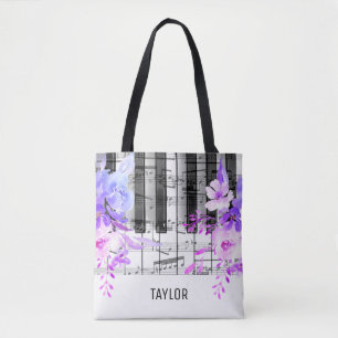 Bolsa Tote flores roxas notas musicais piano