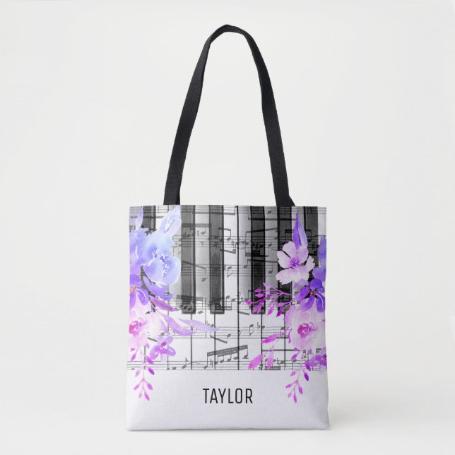 Bolsa Tote flores roxas notas musicais piano (Frente)