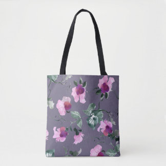Bolsa Tote Flores roxas: padrão uniforme de aquarela.