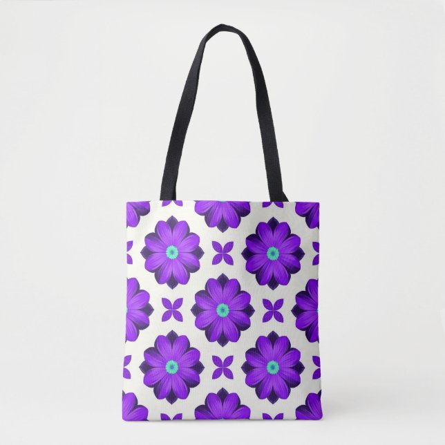 Bolsa Tote Flores Roxas Vibrantes e Motivos de Folhas (Frente)