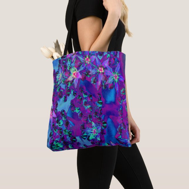 Bolsa Tote Flores-Sedum Sucultas em Teal, Magenta e Azul (Close Up)