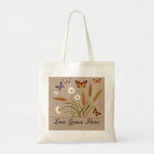 Bolsa Tote Flores selvagens boêmicas, borboletas, pedúnculos 