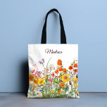 Bolsa Tote Flores Selvagens Coloridas Bonito, Meninas Persona<br><div class="desc">Este chic e na moda design apresentam bonito flores selvagens coloridas com seu nome personalizado em um fundo branco.</div>