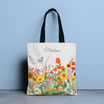 Bolsa Tote Flores Selvagens Coloridas Bonito, Meninas Persona<br><div class="desc">Este chic e na moda design apresentam bonito flores selvagens coloridas com o seu nome personalizado num fundo branco de linhagem.</div>