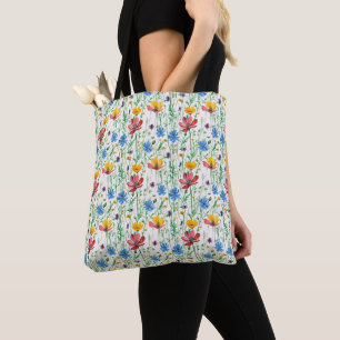 Bolsa Tote Flores selvagens coloridas e Grama Verde