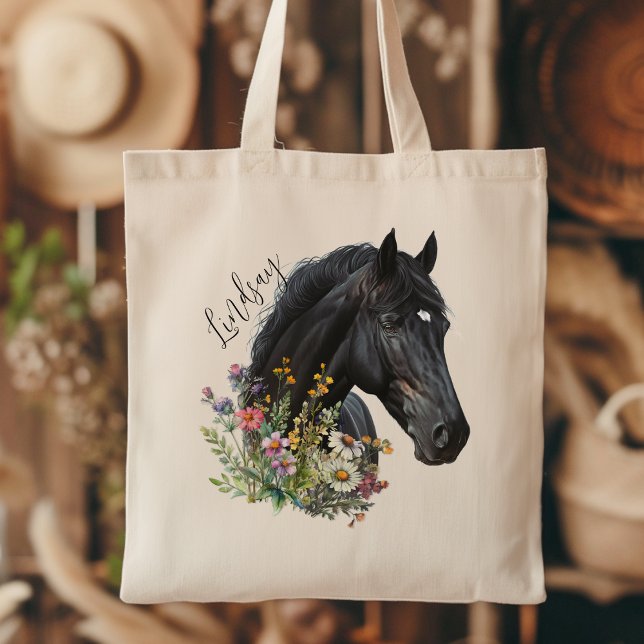 Bolsa Tote Flores Selvagens de Cavalo Negro com Personalizaçã (Criador carregado)