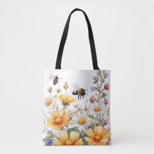 Bolsa Tote Flores selvagens e Abelhas de mel Aquarela
