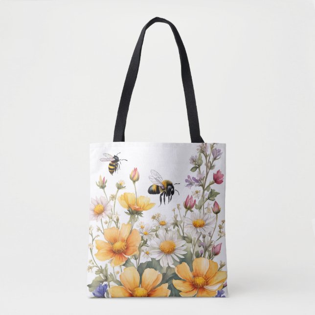 Bolsa Tote Flores selvagens e Abelhas de mel Aquarela (Frente)