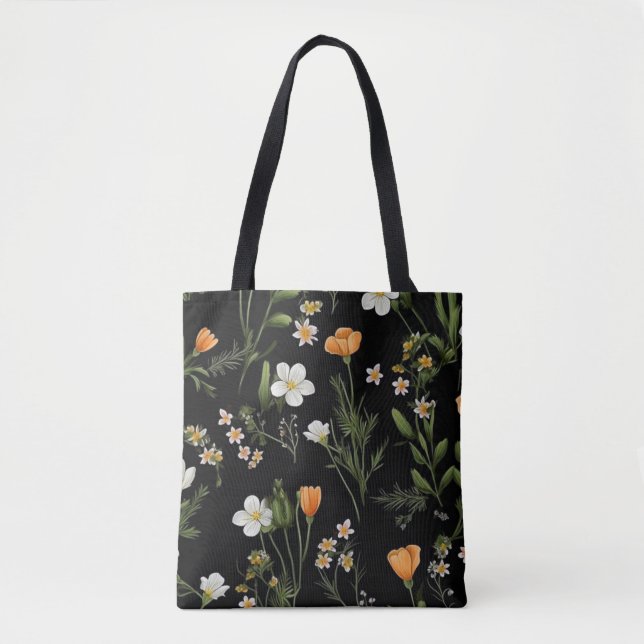 Bolsa Tote Flores Selvagens Fundo Preto (Frente)