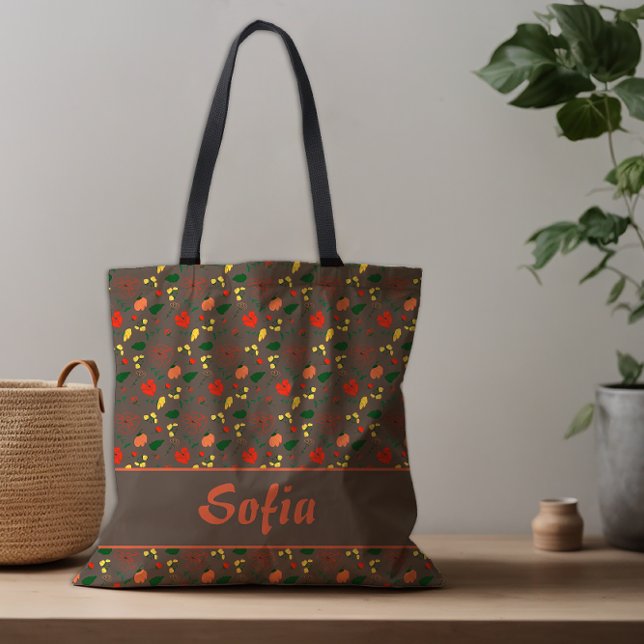 Bolsa Tote Flores selvagens padrão de papoila castanho (Criador carregado)