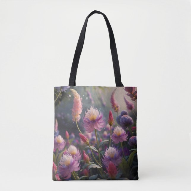 Bolsa Tote Flores Selvagens, Rosa e Roxo, Elegantes (Frente)