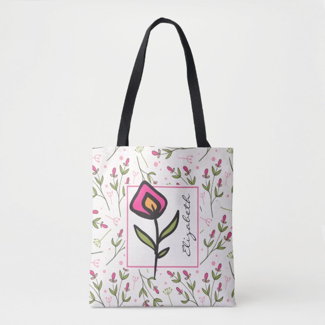 Bolsa Tote Flores Selvagens, Rosa e Verde, de Longo Curso, Pe (Frente)