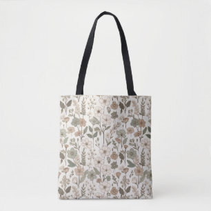 Bolsa Tote Flores Silvestres Arejadas em Creme e Salvia