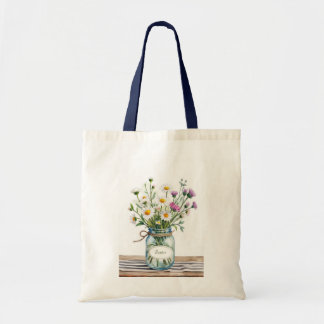 Bolsa Tote Flores Silvestres em Jarra de Mason com Nome Perso