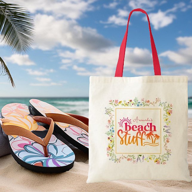 Bolsa Tote Flores silvestres enquadram objetos de praia perso (Criador carregado)