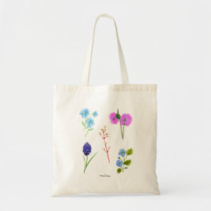 Bolsa Tote Flores silvestres lilás e azuis em aquarela.
