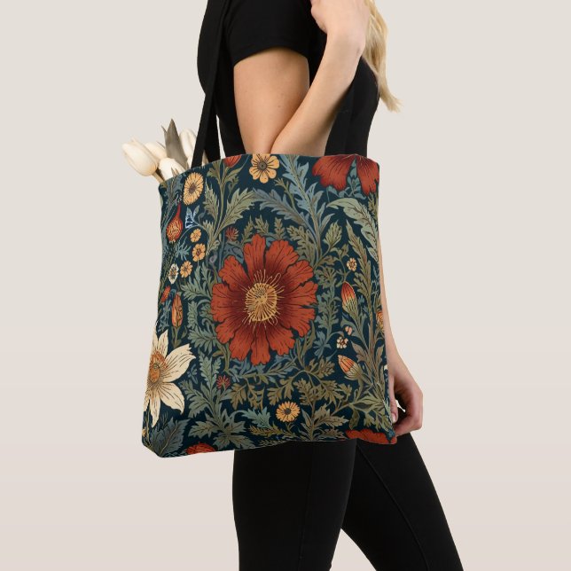 Bolsa Tote Flores Silvestres Padrão Vermelho Estilo William M (Close Up)