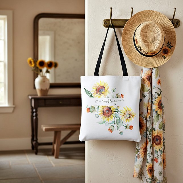 Bolsa Tote Flores solares de aquarela personalizadas (Criador carregado)