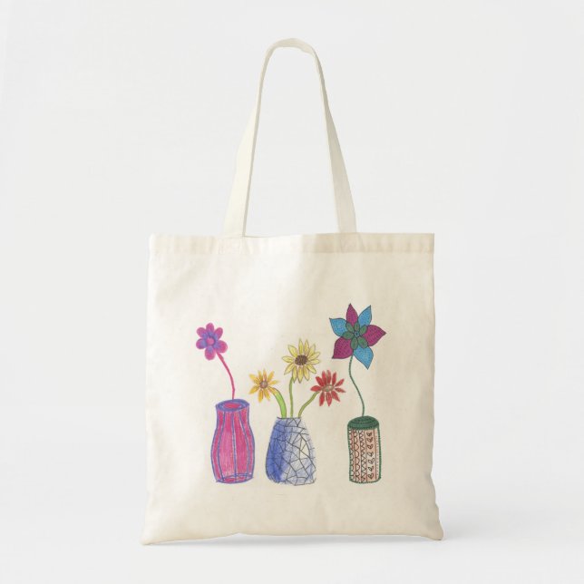 Bolsa Tote Flores tiradas mão no vaso (Frente)