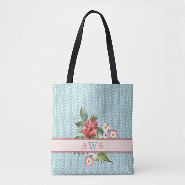 Bolsa Tote Flores Tropicais Aqua/Coral Personalizadas (Frente)
