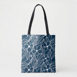 Bolsa Tote Flores Tropicais Azuis Escuros e Brancos