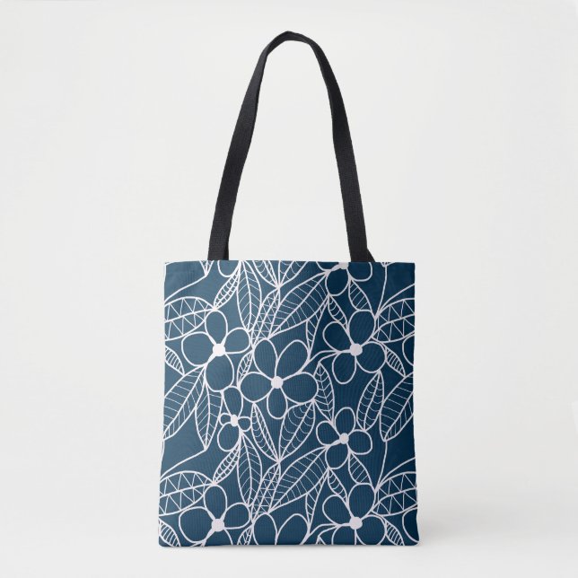 Bolsa Tote Flores Tropicais Azuis Escuros e Brancos (Frente)