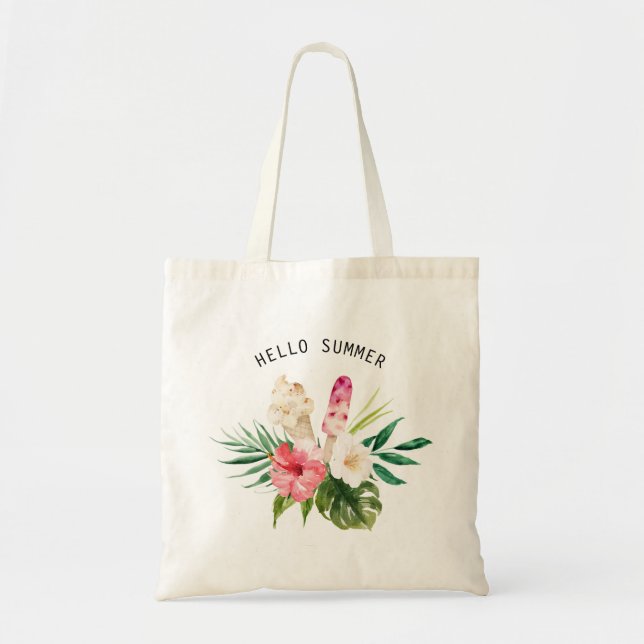 Bolsa Tote Flores tropicais da aguarela, folhas com sorvete (Frente)