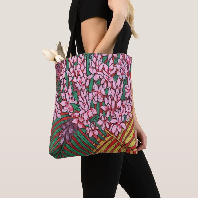 Bolsa Tote Flores Tropicais De Cone Rosa Ginger Alpinia Flora (Close Up)