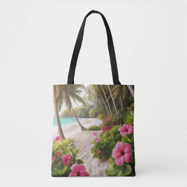 Bolsa Tote Flores Tropicais de Hibiscus Rosa-Quente de Sandy  (Frente)