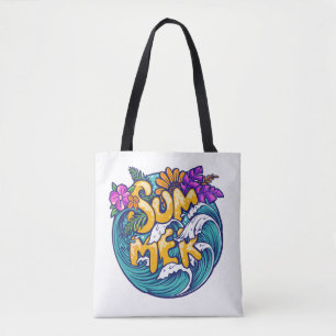 Bolsa Tote Flores Tropicais de Verão Ondas de Oceano de Prai