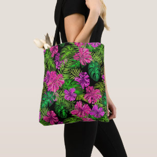 Bolsa Tote Flores tropicais e plantas a preto