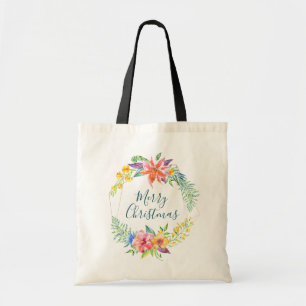 Bolsa Tote Flores tropicais e quadros geométricos Feliz Natal