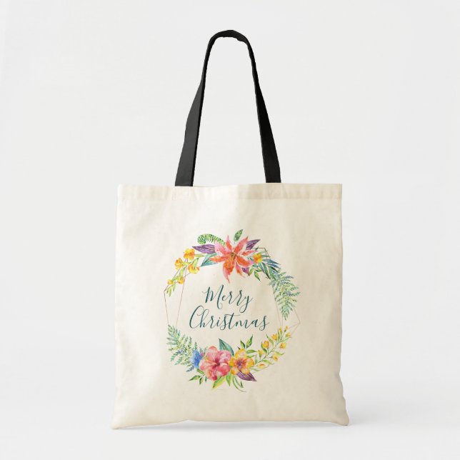 Bolsa Tote Flores tropicais e quadros geométricos Feliz Natal (Frente)