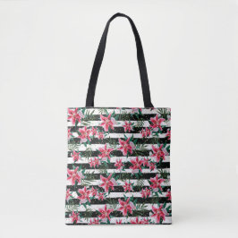 Bolsa Tote Flores Tropicais Estimulantes Flores Pretas e Bran