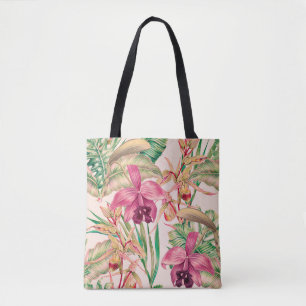 Bolsa Tote Flores tropicais, flor de orquídea, folhas da sel