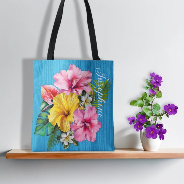 Bolsa Tote Flores Tropicais Madeira Azul Personalizadas AOP (Criador carregado)