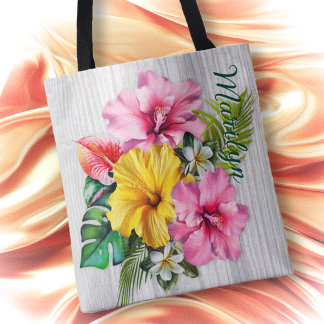 Bolsa Tote Flores Tropicais Madeira Cinza Personalizadas AOP