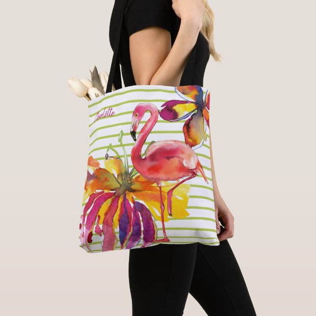 Bolsa Tote Flores Tropicais Rosa Flamingo Personalizadas (Close Up)