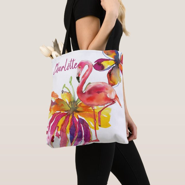 Bolsa Tote Flores Tropicais Rosa Flamingo Personalizadas (Close Up)