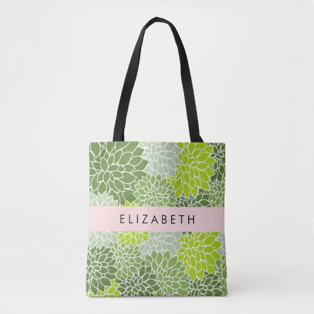 Bolsa Tote Flores Verdes Dahlia, Padrão Floral, Seu Nome (Frente)