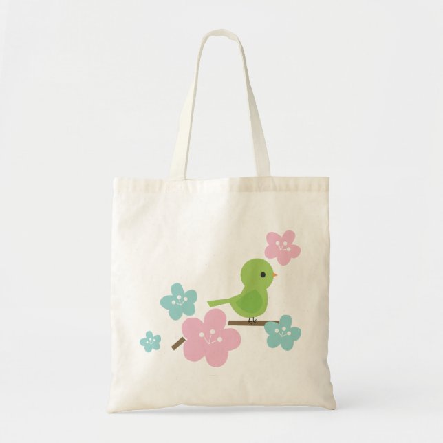 Bolsa Tote Flores verdes do pássaro e da cereja (Frente)