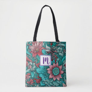 Bolsa Tote Flores Vermelhas Azuis Monograma