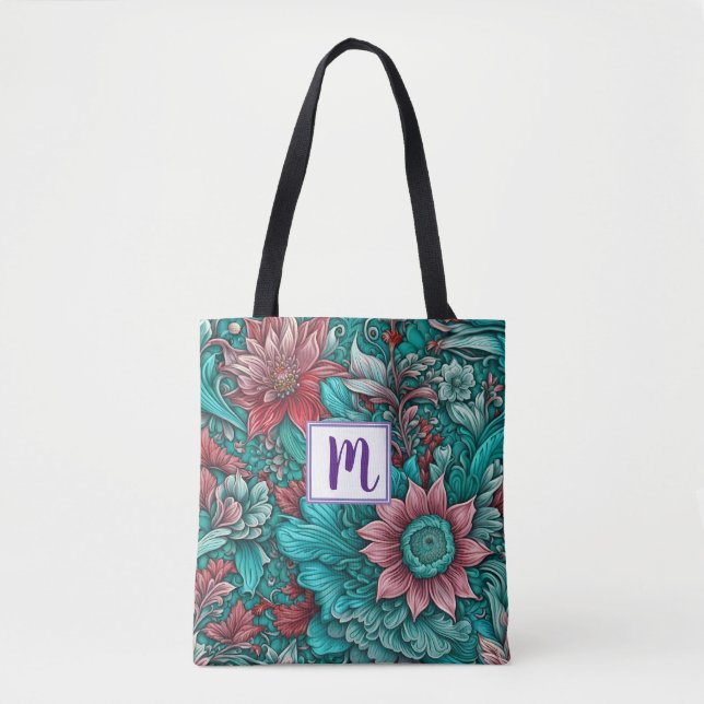 Bolsa Tote Flores Vermelhas Azuis Monograma (Frente)